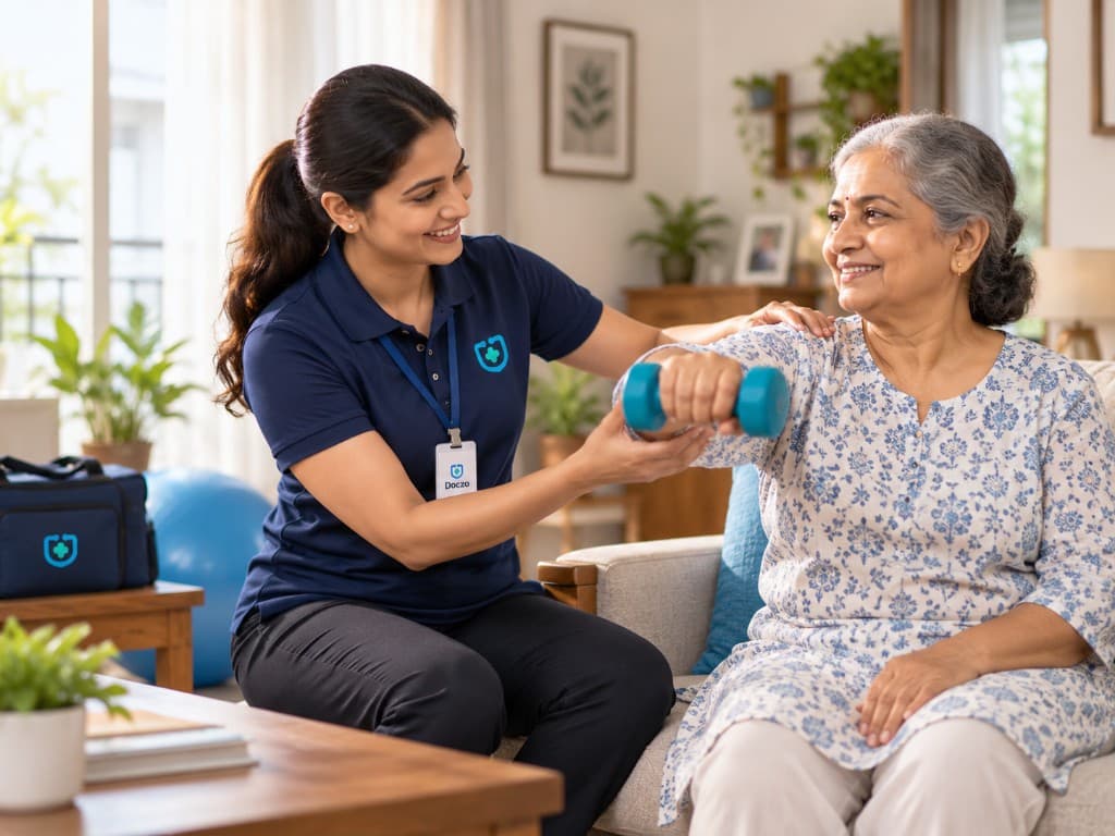 A physiotherapist guiding an older woman through an arm exercise with a dumbbell at home